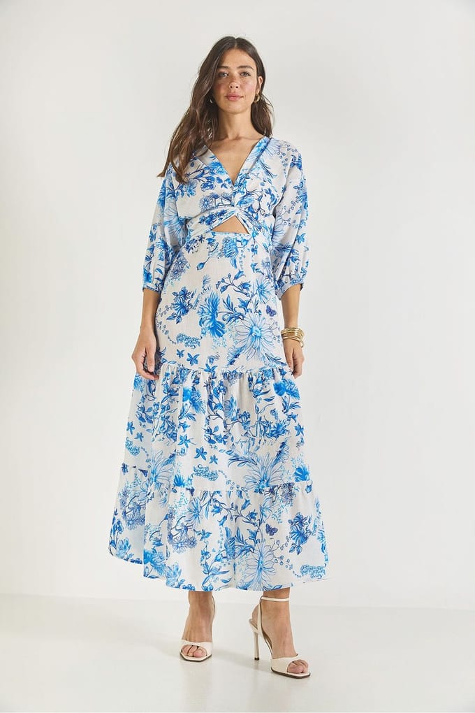 V-hals Bloemen Maxi Jurk met Strik