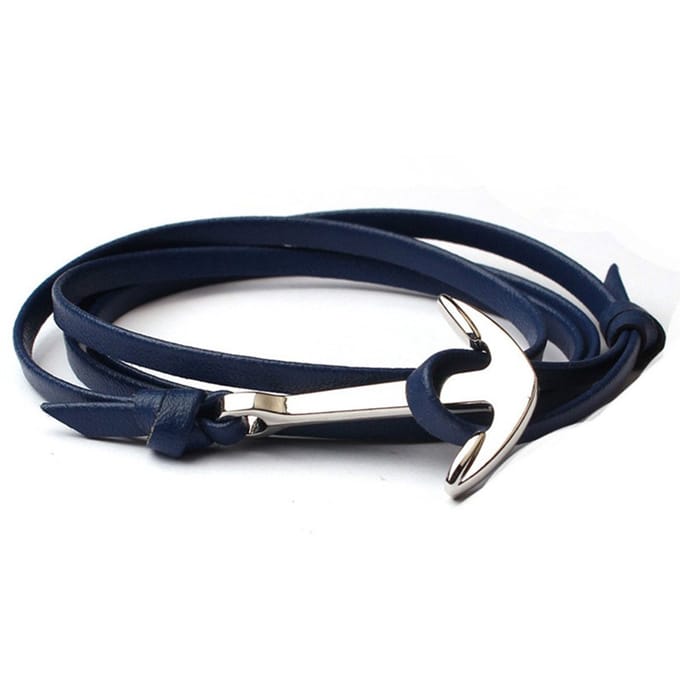Zilverkleurige anker armband blauw leren koord
