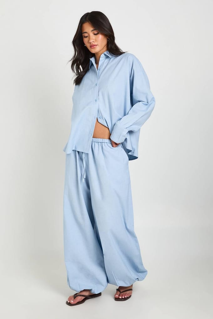 boohoo Dames Linnen Look Broek Met Strikkoord Manchetten | Blauw | Maat: 38
