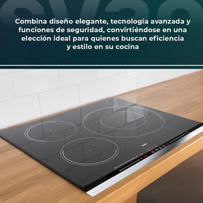 Inbouwinductiekookplaat met 3 zones zwart glas en touch-slider