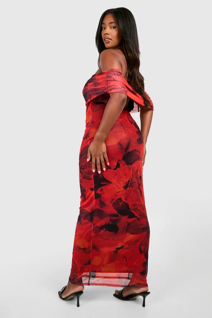 boohoo Dames Plus Bardot Floral Maxi Jurk | Bloemen | Maat: 56