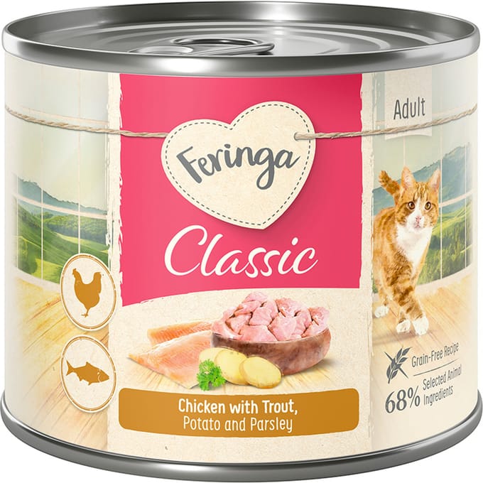 6x200g Menu Duo-soorten Forel & Kip met Aardappel & Peterselie Feringa Kattenvoer