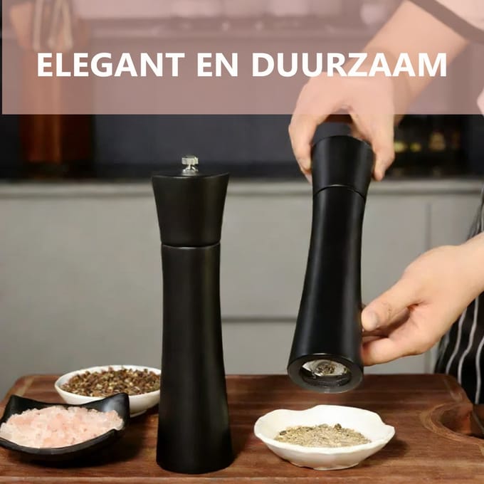 Zout & Pepermolens Set van 2 – Mat Zwart met Onderzetters, Verstelbare Maalgraad - Hout