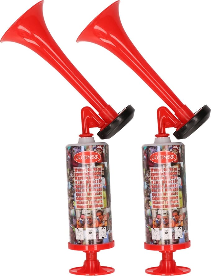 Station toeter - 2x - rood - hand/lucht pomp - luchthoorn - voetbal supporter