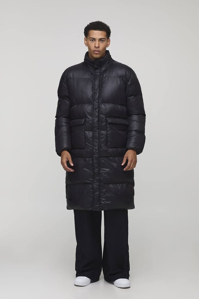 Regular Fit High Shine Longline Puffer Jacket | Black | Size Large
