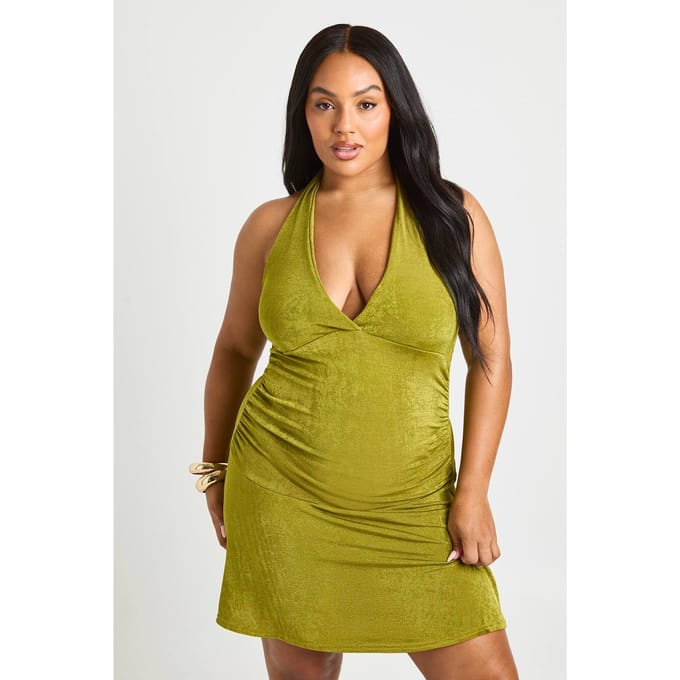 boohoo Dames plus getextureerde slinky mini-jurk met drop hem | Chartreuse | Maat: 44