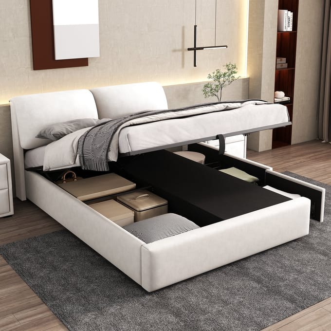 Sweiko Gestoffeerd bed, 140*200cm, hydraulisch bed, drie laden, opbergdoos, lattenbod met hoofdeinde, zonder matras, fluweel, Wit