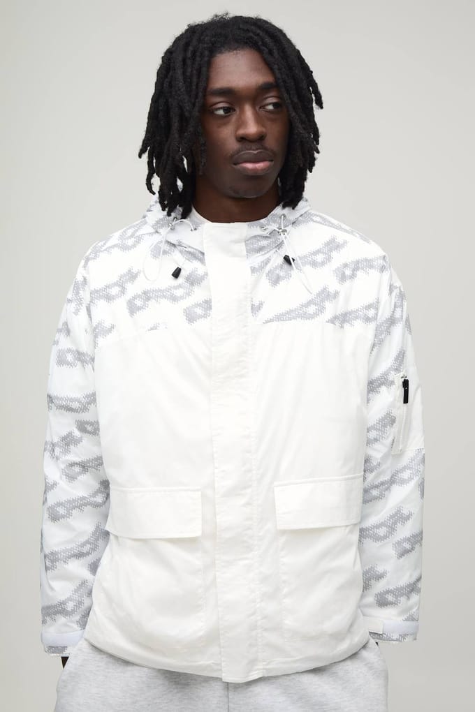 Oversized Boxy Reflecterende Bedrukte Cagoule Met Capuchon | White | Size Medium