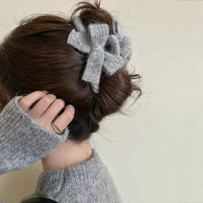 Accessoires pour cheveux pour femmes, pinces à cheveux en laine avec nœud en peluche automne/hiver gris