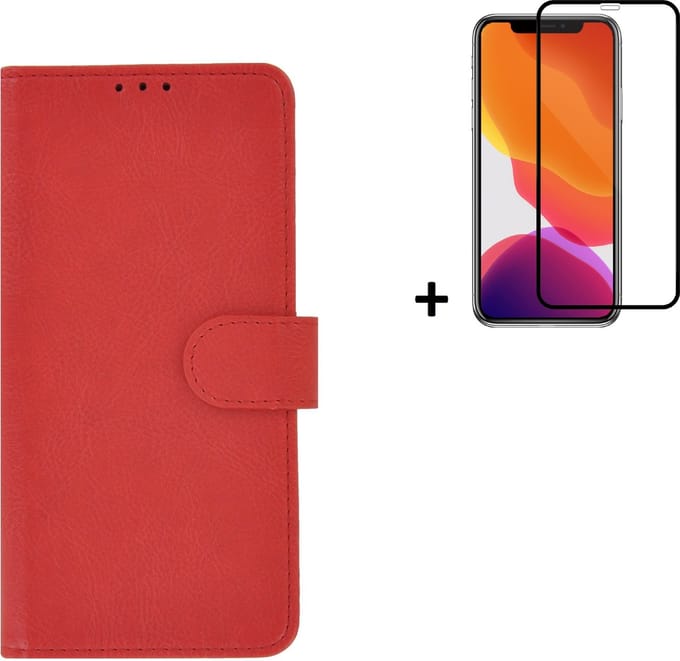Hoesje Geschikt voor iPhone 11 Pro Max + Screenprotector iPhone 11 Pro Max - iPhone 11 Pro Max Hoes Wallet Bookcase Rood + Full Tempered Glass