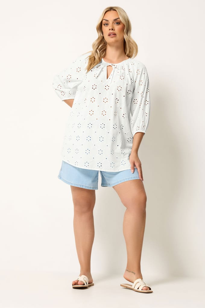 Yours Witte Top Met Bloemenprint En Broderie Anglaise Size 46