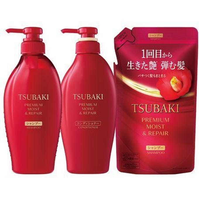 Tsubaki Premium Moist Haarshampoo 450ml + Conditioner 450ml Set + (Shampoo navulling 300ml), 1 stuk red