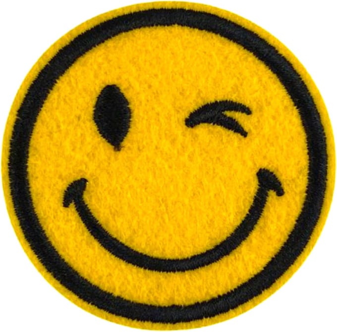 Strijk Patch Emoji Smiley Knipoog | Iron-On Embleem Patch 6.3 cm / 6.3 cm / Geel Zwart