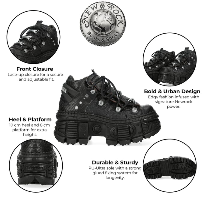 New Rock M-106WALL-C65 Python Zwarte Leren Platform Enkellaarsjes
