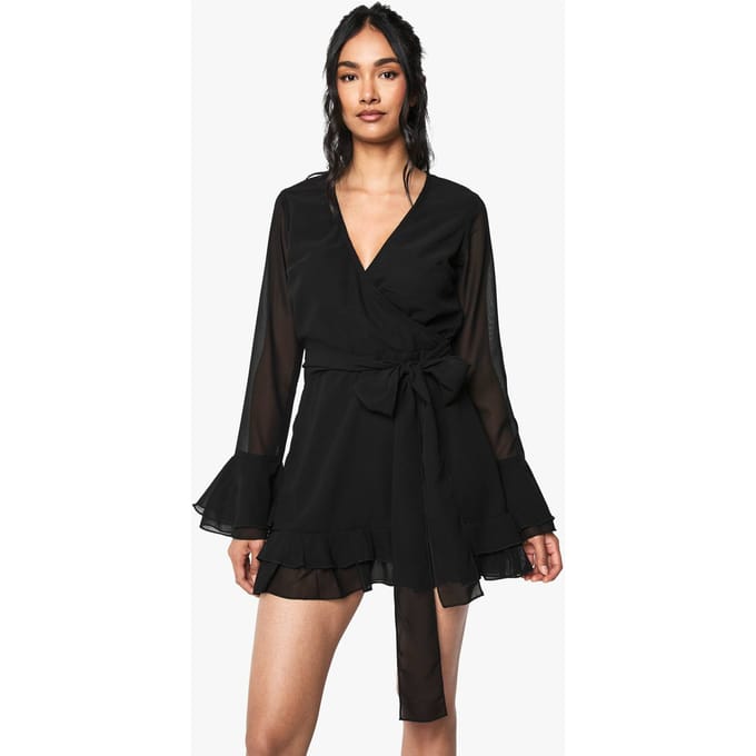 boohoo Dames Flair Mouw Chiffon Wrap Mini Jurk | Black | Maat: 8