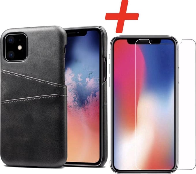 Backcover geschikt voor Apple iPhone 11- Zwart - PU Leer - Pasjeshouder + Glas Protector