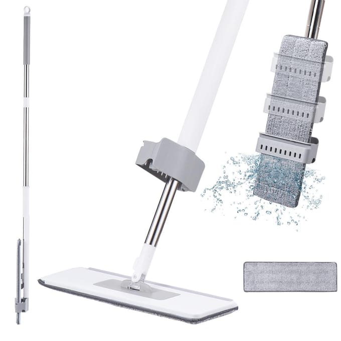 Zelfwringende vlakmop Handsfree 360 ​​graden draaiende reinigingsmop met 2 wasbare dweilpads Nat en droog gebruik wit