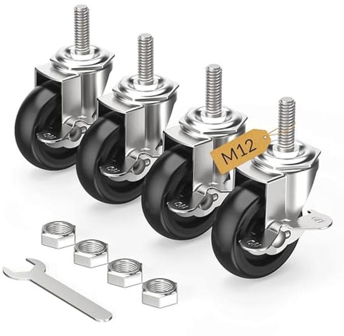 Set van 4 Zwenkwielen 75mm met Remmen en Schroefdraad