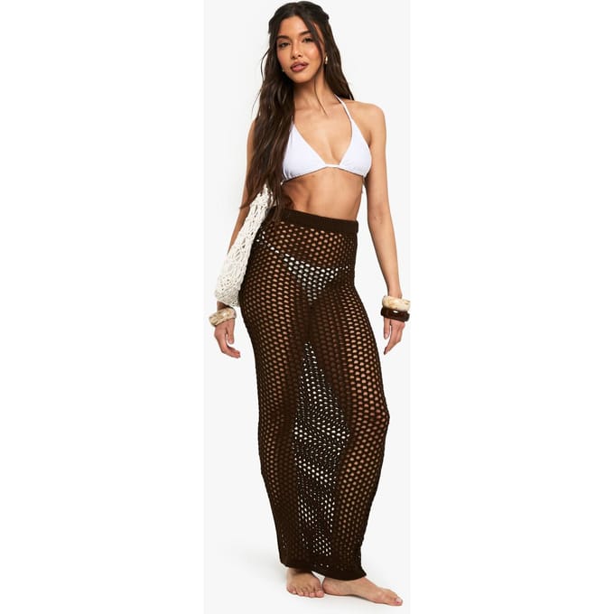 boohoo Dames Strand Haken-gebreide Maxi Rok | Chocolate | Maat: Medium