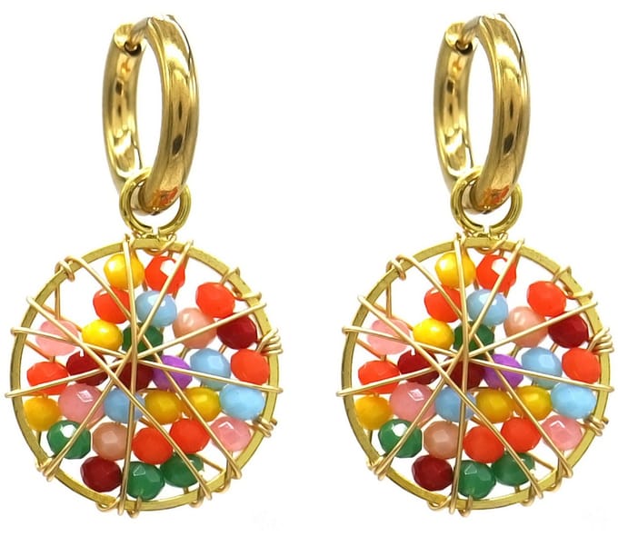 Oorbellen met Glaskralen - RVS - 3,3 cm - Goudkleurig en Multicolor