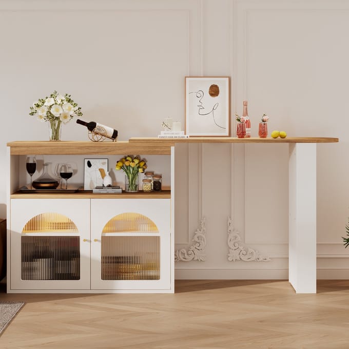 MODFU Uittrekbare Bartafel 138–193×39×105 cm Draaibaar 360° Drie Opbergniveaus Instelbare LED Wit