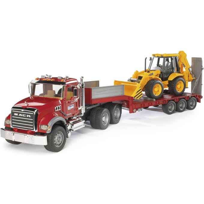 MACK Granite Dieplader Met JCB 4CX Graaflaadmachine Bruder Op Schaal 1:16