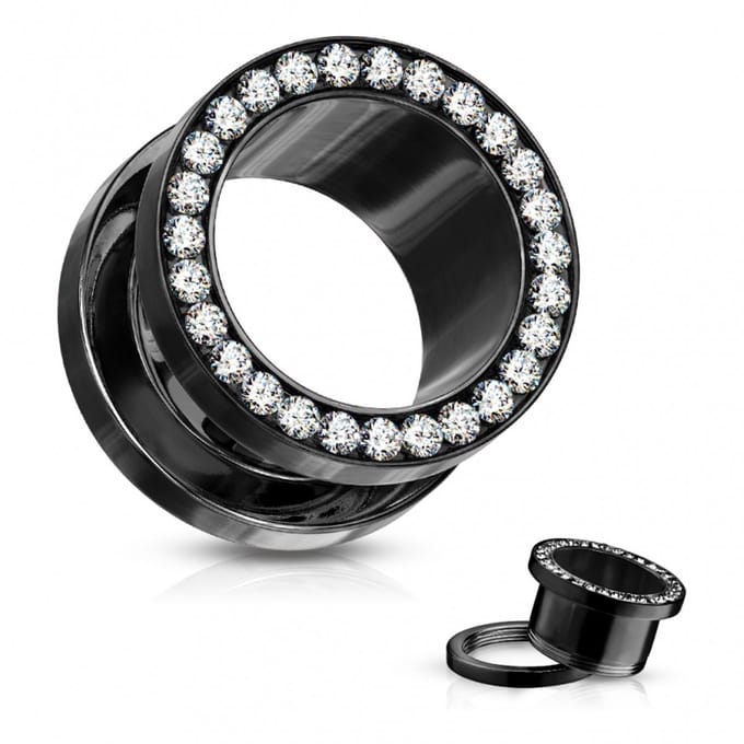 8 mm Screw-fit tunnel zwart met witte steentjes - LMPiercings