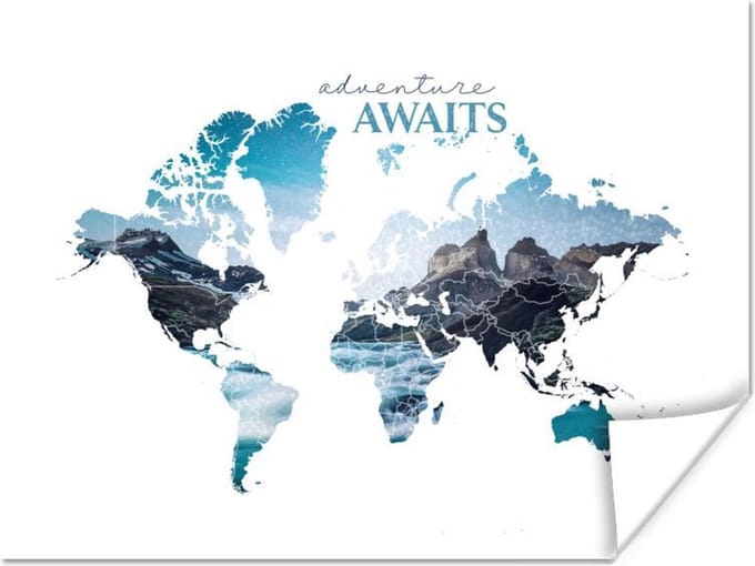 Wereldkaarten - Wereldkaart - Quotes - Adventure - Berg - 80x60 cm