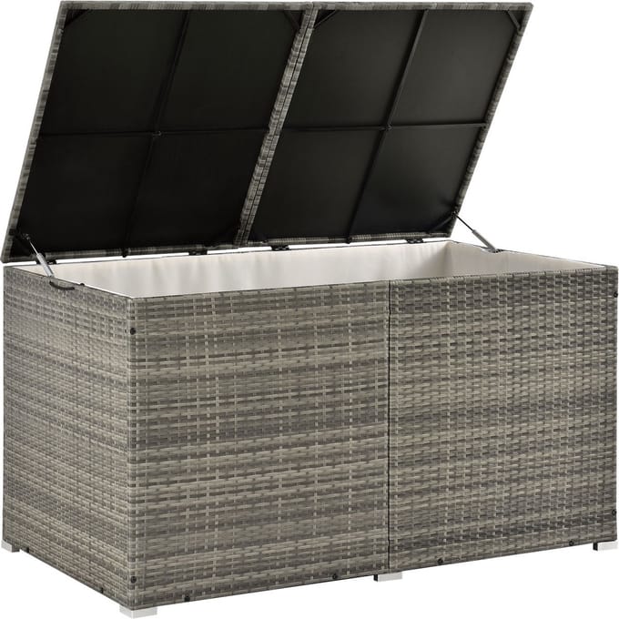 Polyrotan opbergbox kussenbox Ikaria 950 ltr beige met deksel en binnenzeil