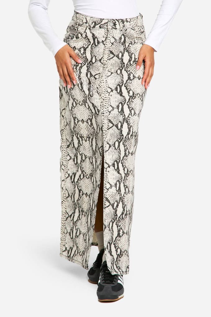 boohoo Dames Snake Print Denim Midaxi Rok | Slangenprint | Maat: 38
