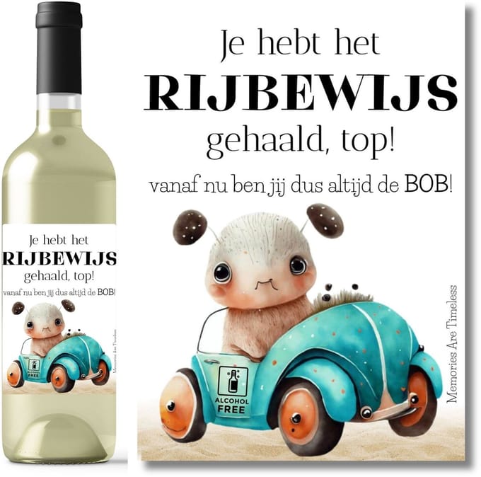 Wijnetiket Rijbewijs – Grappig Beestje - Top! Vanaf nu ben jij altijd de BOB