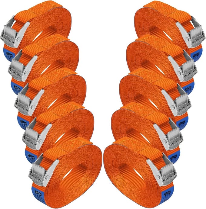 Set van 10 Spanbanden met Klemsluiting - 250 kg Belasting - 2,5 cm x 6 m - Conform DIN EN 12195-2