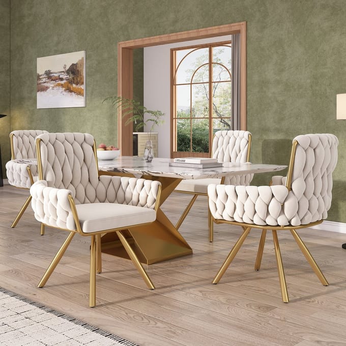 REDOM Eetkamerstoel Set Van 4 - Draaibaar Met Armleuningen - Modern - Fluweel - Beige