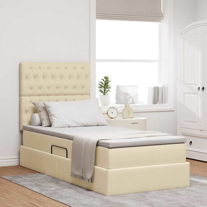 vidaXL - Opslag - bed - met - matras - met - hoofdeinde - Crème - 100 - x - 200 - cm - Stof