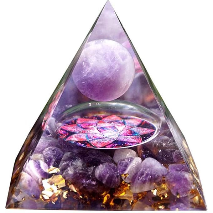 Handgemaakte Orgonite Piramide 60mm Amethist Kristallen Bol met Amethist Natuurlijke Kristalsteen Orgone Energie Healing Orgone paars