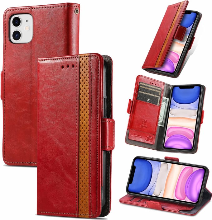 Stijlvol Tweekleurig PU-leer Wallet Flip Case + PET Screenprotector voor iPhone 11 _ Rood