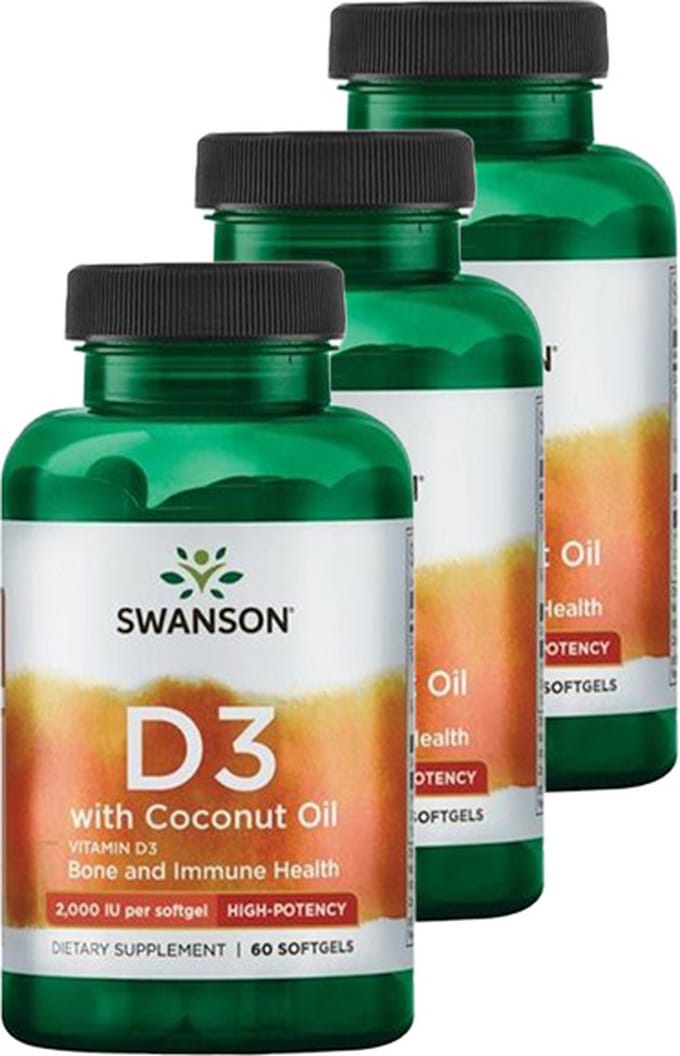 Swanson | Vitamine D3 Met Kokosolie 2000IU | 60 Softgels | 3 stuks | 3 x 60 Softgels