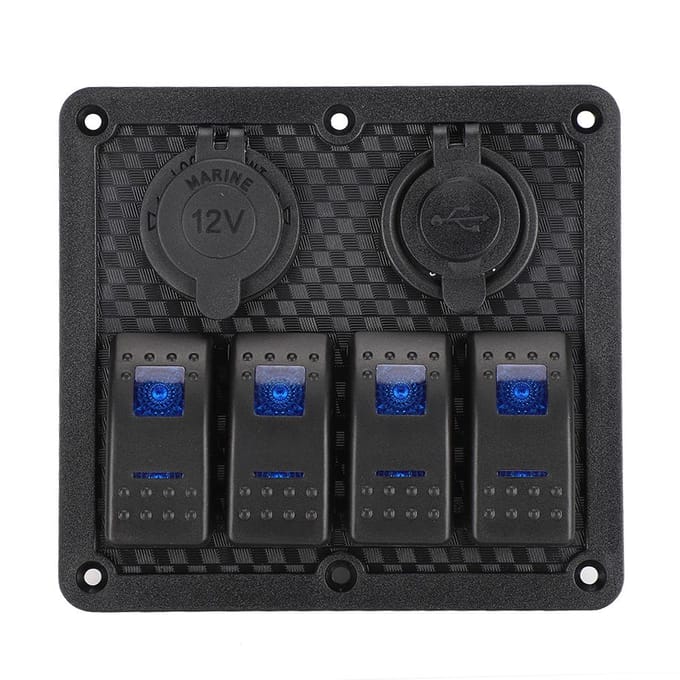 12V 24V 4-weg Schakelaarpaneel IP65 Waterdicht met Sigarettenaansteker Socket 2 USB voor Auto Boot black