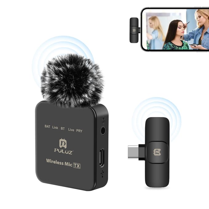 Système de microphone sans fil PULUZ PU646B avec 1 récepteur et 1 émetteur Portée de transmission de 10 m Type-C digital output noir