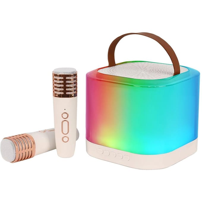 Mini Karaoke Machine Draadloze Microfoon en Speaker Set met 2 Microfoons Oplaadbare LED Kleur wit