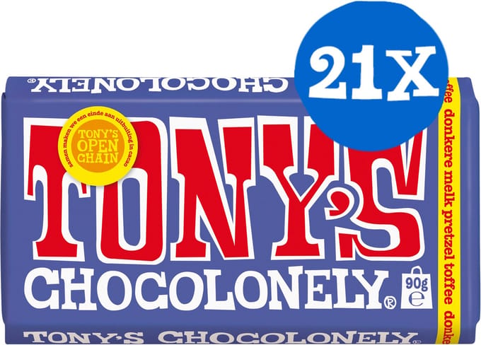 Tony's Chocolonely - Donkere Melk Pretzel Toffee - Chocolade - 90 gram - 21 stuks