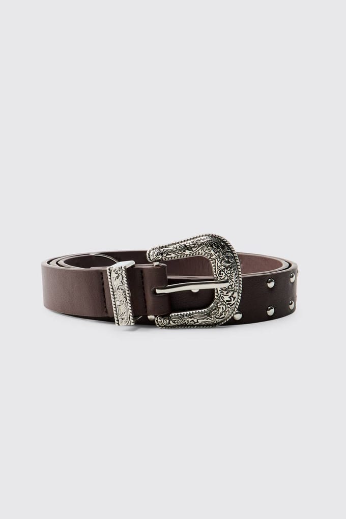 PU Western Buckle Belt | Brown | Size Medium/Large