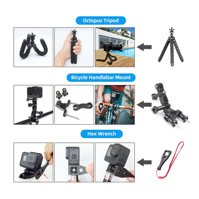84-in-1 Action Camera Accessoires Kit Sportcamera Accessoires Set met Draagtas Vervanging zwart