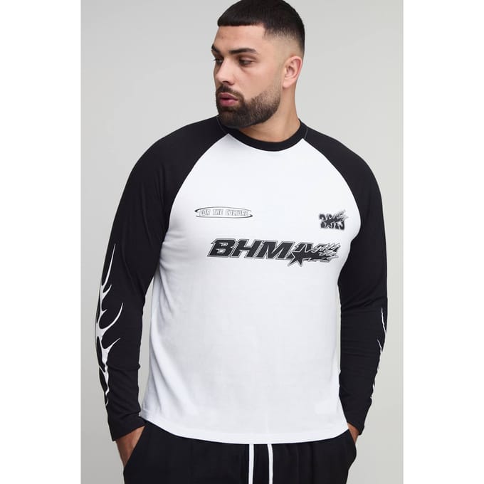 Plus Regular Fit Moto Graphic Long Sleeve Raglan T-Shirt | Black | Size 2XL