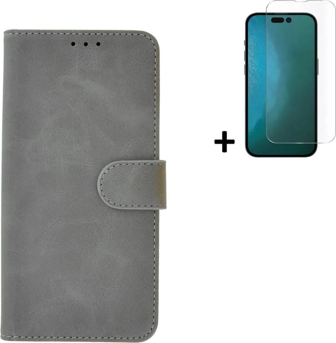 Geschikt voor iPhone 14 Pro Max Hoesje - Bookcase - iPhone 14 Pro Max Screenprotector - Pu Leder Wallet Book Case Grijs Cover + Screenprotector