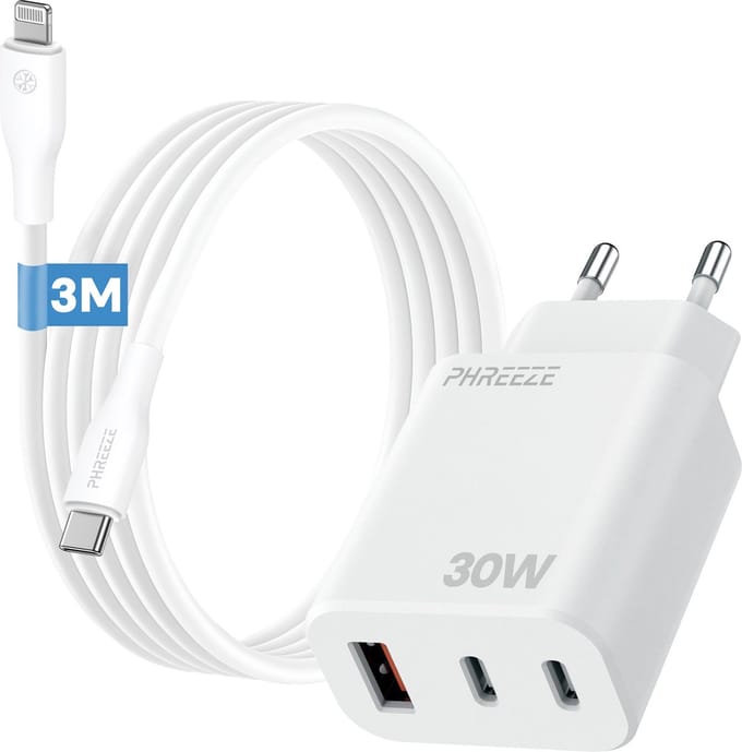 Usb adapter met 3m kabel geschikt voor iPhone iPad met Lightning naar usb C kabel snellader 30w