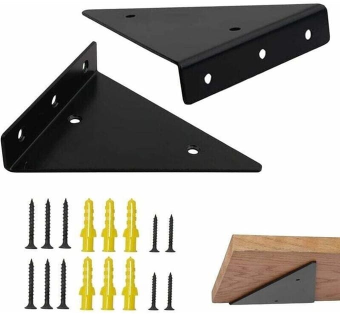 Twee zwarte, driehoekige, verborgen metalen plankdragers van 17 cm.