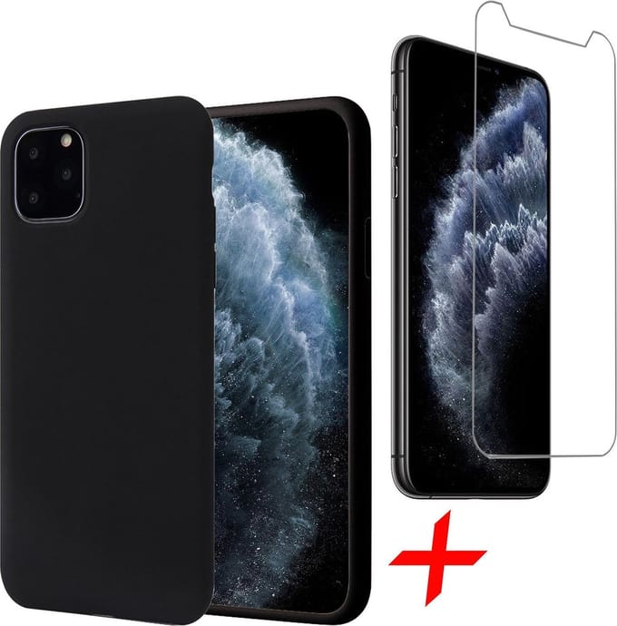 Hoesje geschikt voor iPhone 11 Pro Max - Screenprotector GlassGuard - Zwart Liquid Siliconen Case