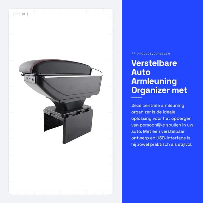 Dailygoods - Verstelbare Auto Armleuning Organizer met USB-interface