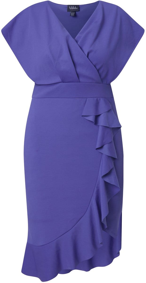 Ulla Popken - Dames - Bodycon-jersey jurk volants V-hals kapmouwen - Purper - Maat 50
